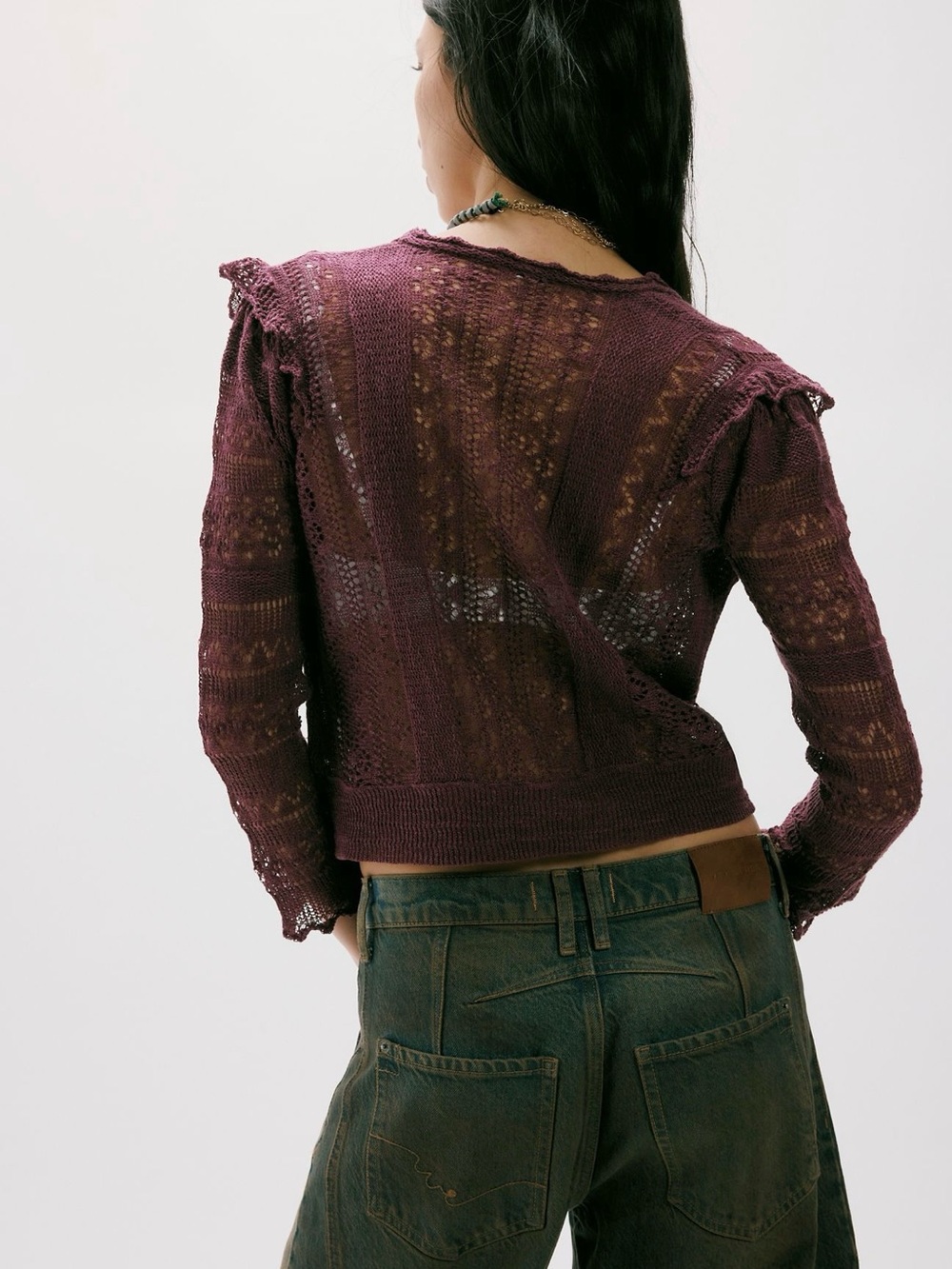Free People Boho Crochet Knit Cardigan Plum Lace Tie Front Long Sleeve - Picture 2 of 5